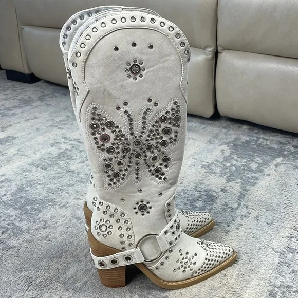 New Dolls Kill Current Mood White Studded Butterfly Cowboy Boots Festival Sz 6 - Picture 5 of 13